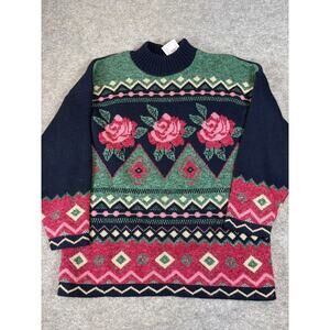 Vintage Private Eyes Turtleneck Sweater Womens Large Black Pink Floral Knit Y2K
